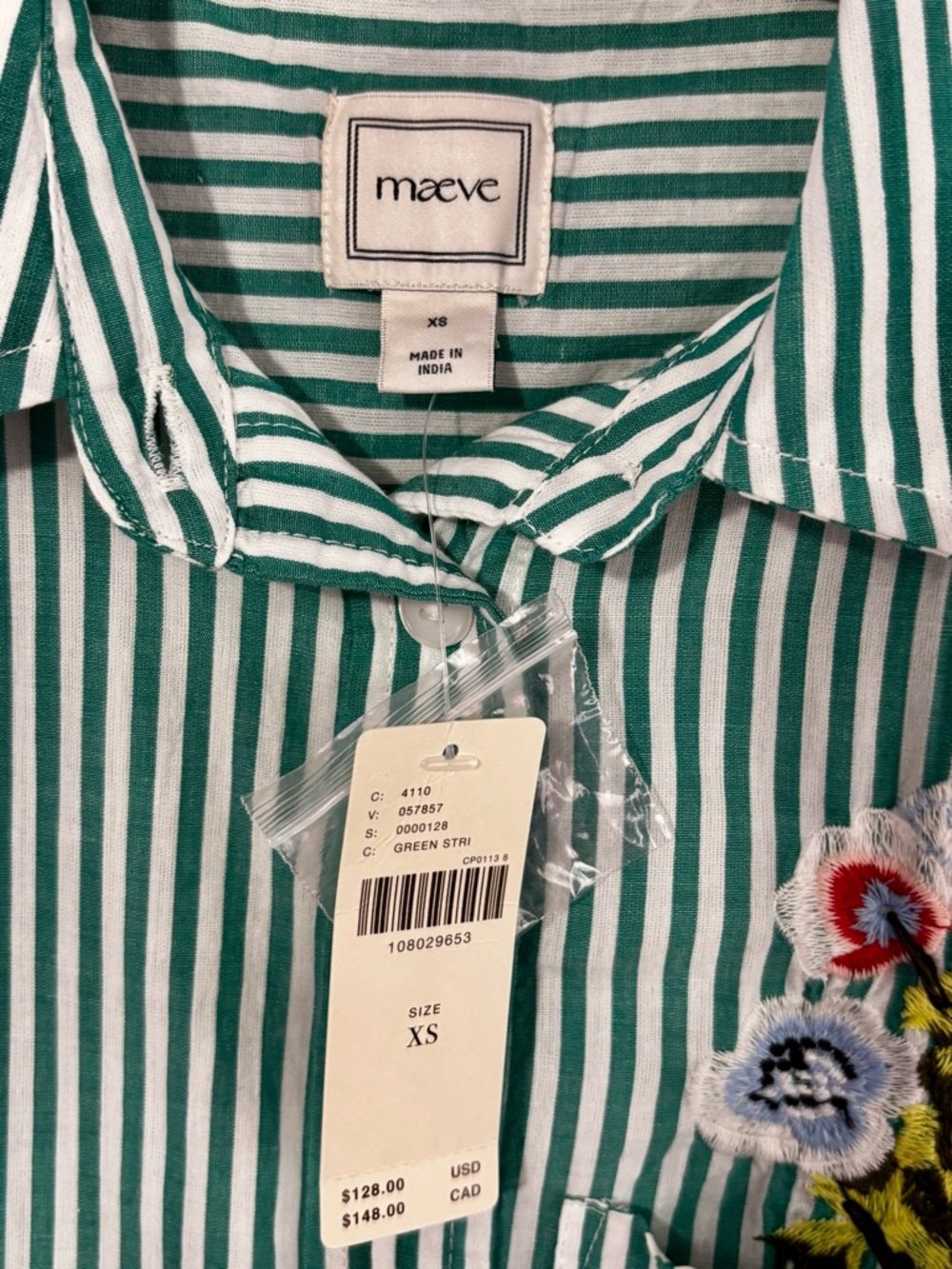 NWT Anthropologie Maeve Mabel Boxy Oxford Green Stripe Embroidered Button SZ XS - Picture 9 of 12